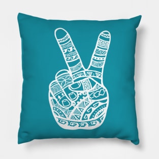 Boho Polynesian Tattoo Peace Sign Hand - White Pillow