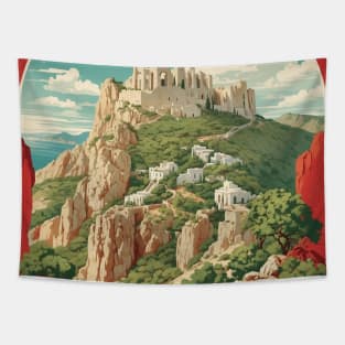 Monolithos Castle Greece Tourism Vintage Travel Poster Tapestry