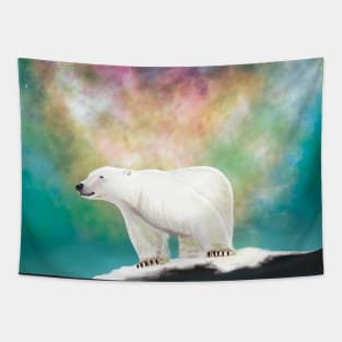 Polar Bear on a Rock in front of Northern Lights Tapestry