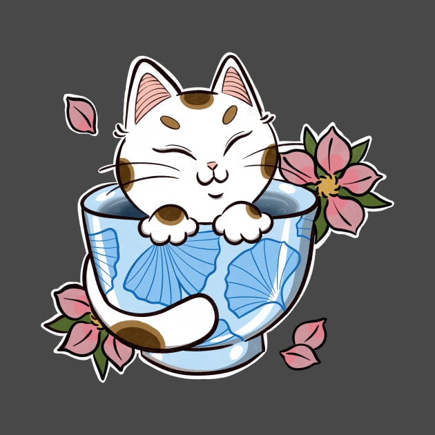 japanese tea cat tattoo by creativeballoon