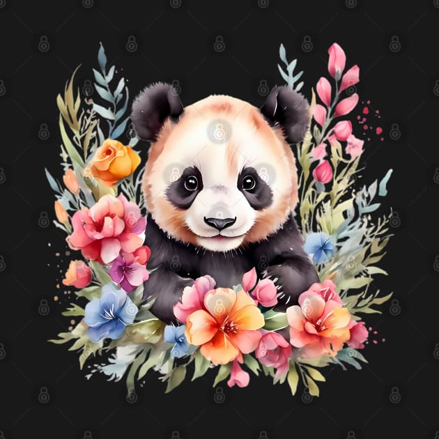 A panda bear decorated with beautiful watercolor flowers by CreativeSparkzz