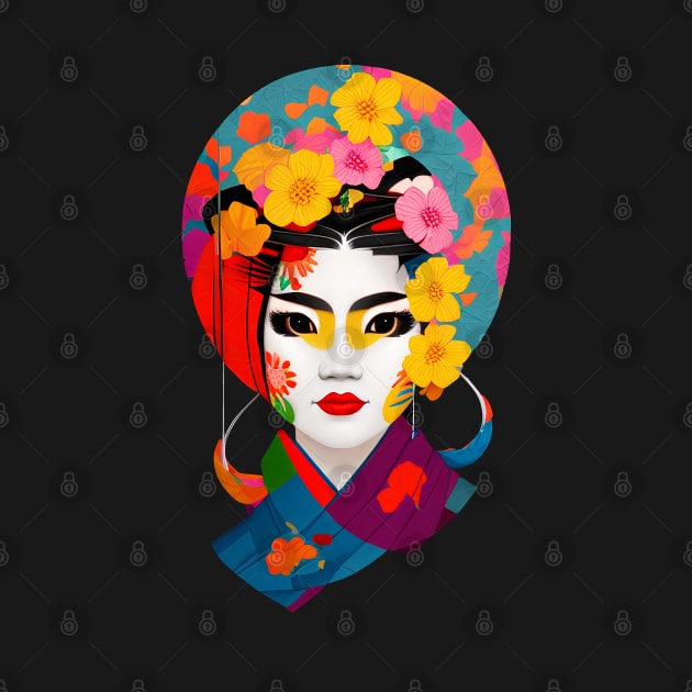 Colorful geisha head with flowers by Ravenglow