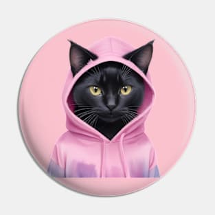 Black cat wearing pink hoodies Pin