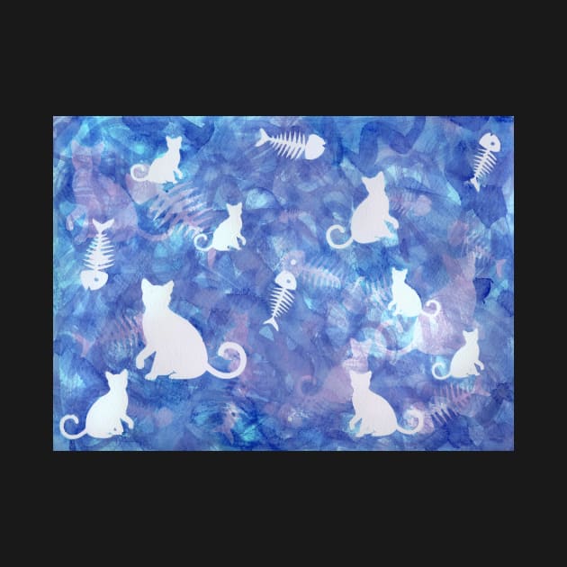 Blue Watercolor Cat and Fish Bone Painting by gloobella