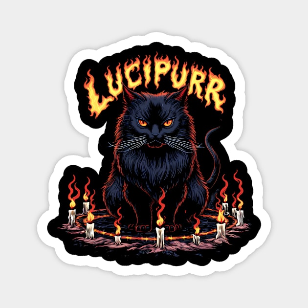 Lucipurr Design: Demonic Black Cat with Flaming Candles Magnet by Designed By Marty