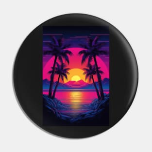 Illustration of an 80s Synthwave retro sunset with palm trees on the beach Pin