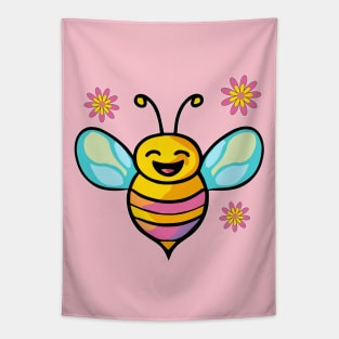 Happy smiling baby bee with flowers. Kawaii cartoon Tapestry