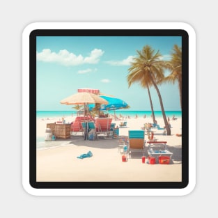 A vibrant beach scene with a bright blue sky, white sand, and a gentle breeze. Magnet