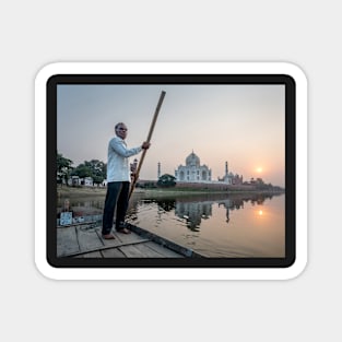 Man Punting Boat on Yamuna River with Taj Mahal Magnet