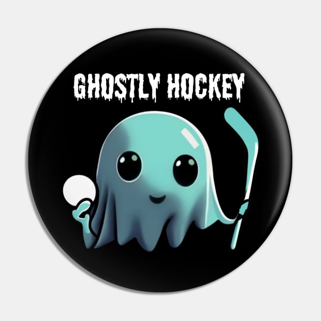 Cute ghost playing hockey: The adventures of a Ghostly Hockey Player, Halloween Pin by Project Charlie