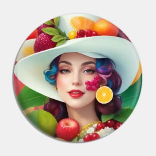 А woman with a white hat and some colorful fruity Pin