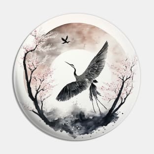 Crane's Flight Over Cherry Blossoms Pin