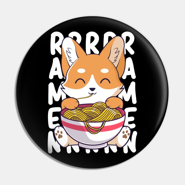 Cute Corgi Dog Eating Ramen Noodles Kawaii Puppy Pin by Graphic Monster