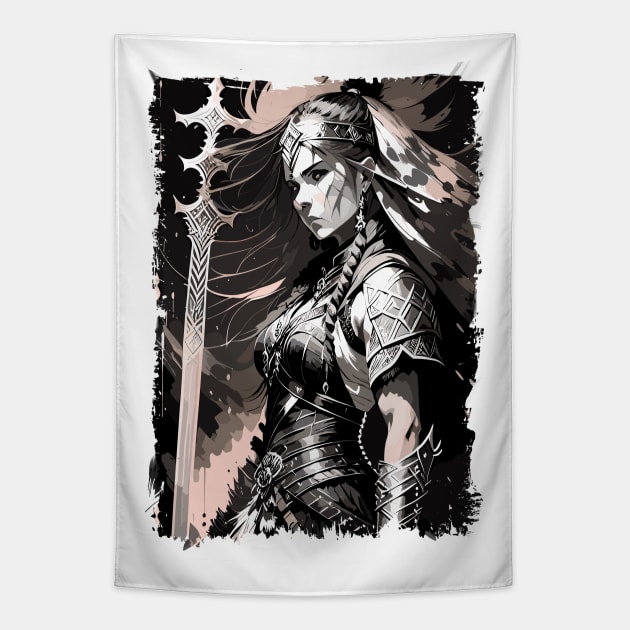 Female Viking Fantasy Warrior Abstract Portrait / Norse Mythology Tapestry by Naumovski