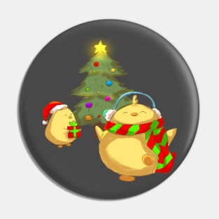 Two Little Chicks With A Christmas Tree Pin