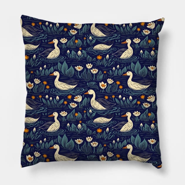 Ducks in the pond Pillow by Remotextiles