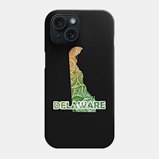 Colorful mandala art map of Delaware with text in green and orange Phone Case