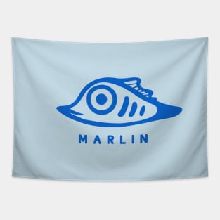 Art of a very small and cute marlin fish. Minimal style in blue ink Tapestry