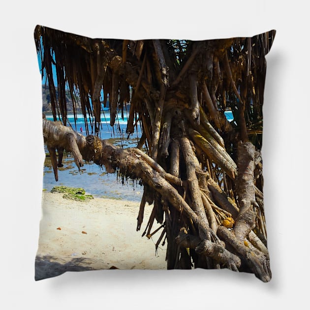 Tree trunks at Watu Karung sand beach Pillow by kall3bu