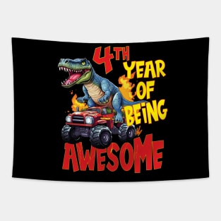 4th Year of Being Awesome 4yr Birthday Truck Dinosaur Boy Girl 4 Years Old Tapestry