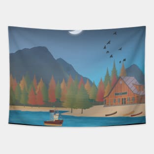 Mountain scene with lake and cabin Tapestry