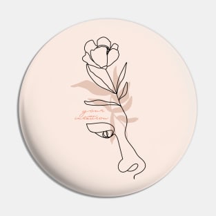 Minimal woman line art. One line woman face with flower and leaves. Pin