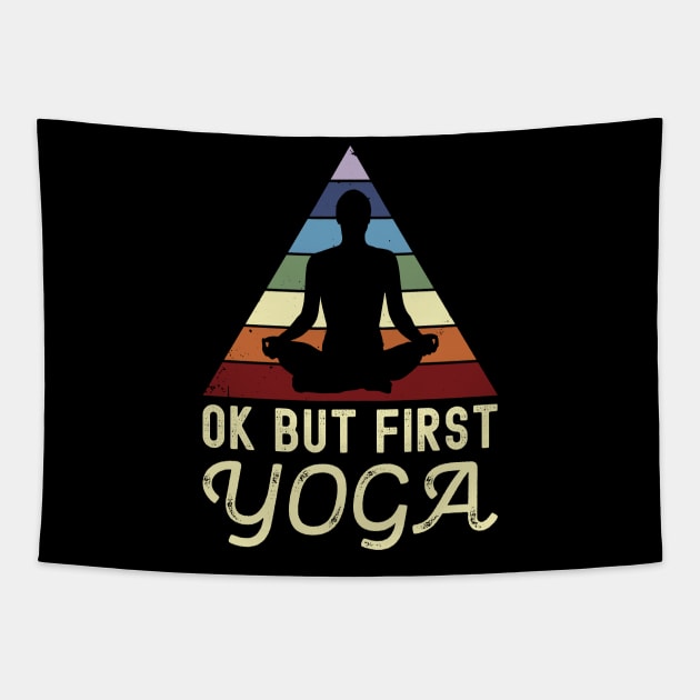 Vintage Distressed Ok But First Yoga Tapestry by Krishnansh W.