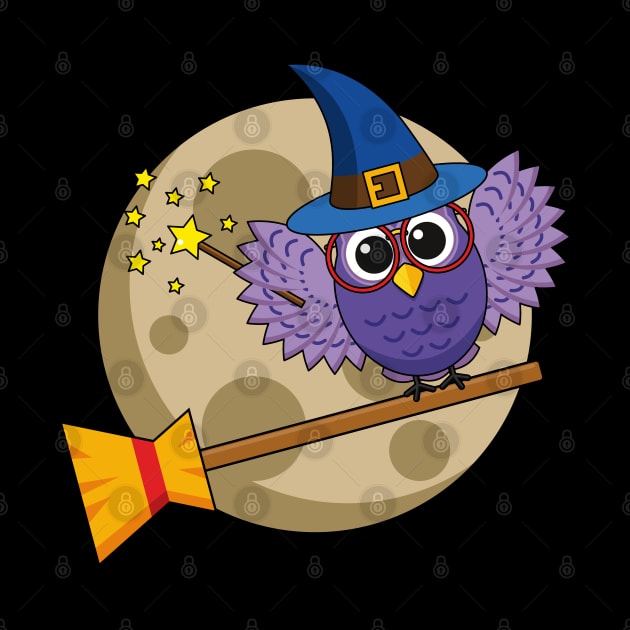 Cartoon Wizard Owl Flying on Broom by BirdAtWork