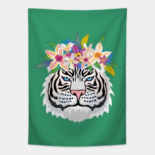 White Tiger with Exotic Flowers Tapestry