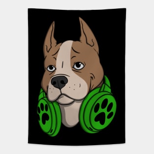 Pitbull Dog Green Headphones Tapestry