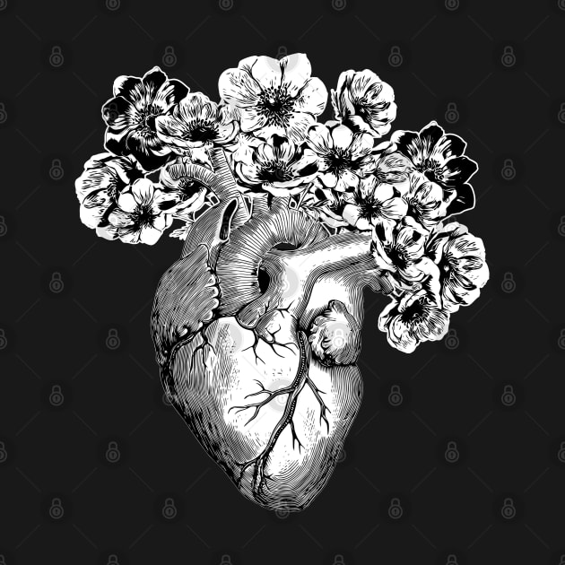 Human heart black and white with crow flowers anemones by Collagedream