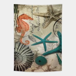 dark academia coastal seashell teal starfish seahorse ocean beach Tapestry