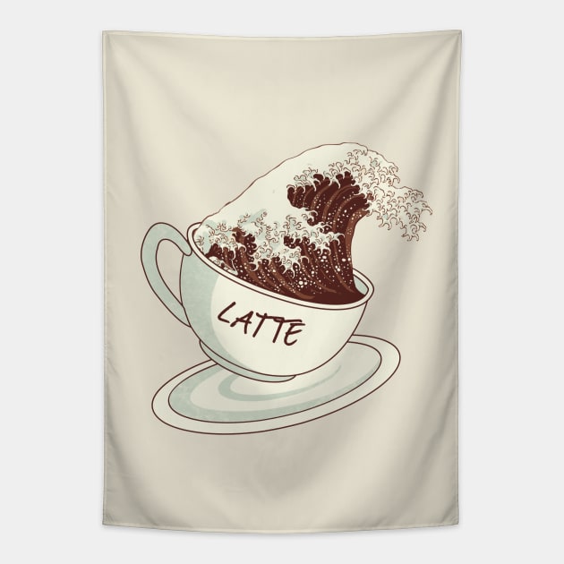 Dramabite The Great Wave of Cafe Latte Coffee Tapestry by dramabite