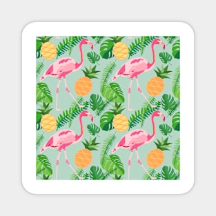 Tropical trendy seamless pattern with pink flamingos, pineapples and palm leaves Magnet