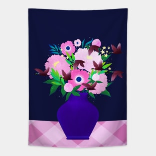 Purple vase with flowers and flying ducks Tapestry