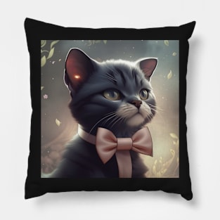 Elegant Grey and White Cat With an Pink Bow Tie | White and grey cat with green eyes | Digital art Sticker Pillow