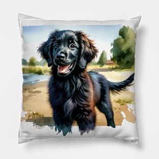 Watercolor Flat-coated Retriever Puppies - Cute Puppy Pillow