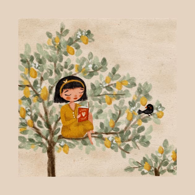 A Girl Reading on a Lemon Tree by Karinartspace
