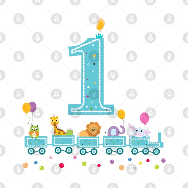 Happy first birthday colorful balloon and train with animal by GULSENGUNEL