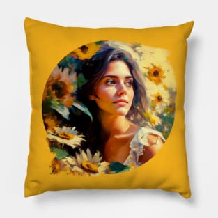 A beautiful girl in nature, surrounded by sunflowers, Art painting Pillow