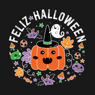 Feliz Halloween Cute Kawaii Pumpkin, Ghost, Vampire Bat, Mushroom T-Shirt