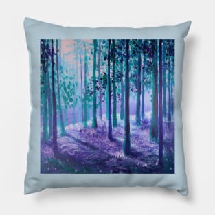 Impressionist nature dreamy landscape sunlight misty forest teal purple trees Pillow