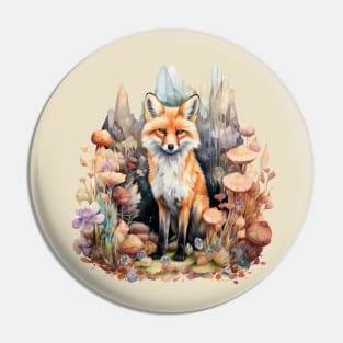 Fox, Crystals, and Mushrooms Fantasy Watercolor Pin