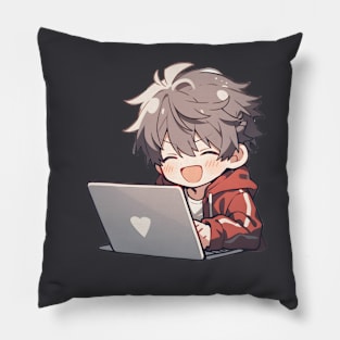 Cute Anime boy using laptop Pillow