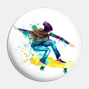 Skateboarder Watercolor Skate Skater Girl Skating Boarder Pin