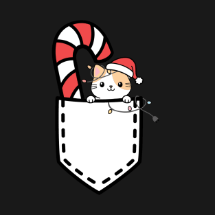 Christmas Cat in Pocket with Candy Cane T-Shirt