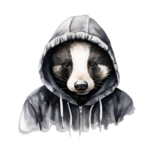 Watercolor Cartoon Badger in a Hoodie T-Shirt