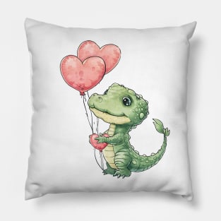Valentine Crocodile Holding Heart Shaped Balloons Pillow
