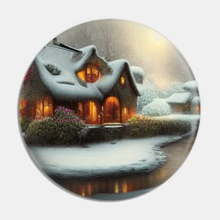 Magical Fantasy House with Lights in a Snowy Scene, Fantasy Cottagecore artwork Pin