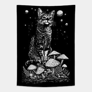 The mystical cat of the mushroom forest Tapestry